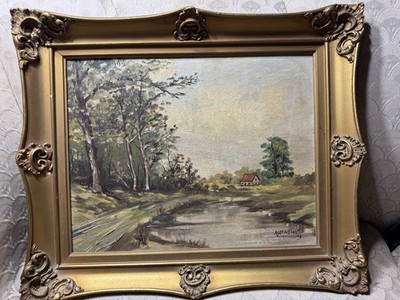 Mathews 1953 ''Landscape With Pond And Home Scene'' Oil Painting - Signed/Framed