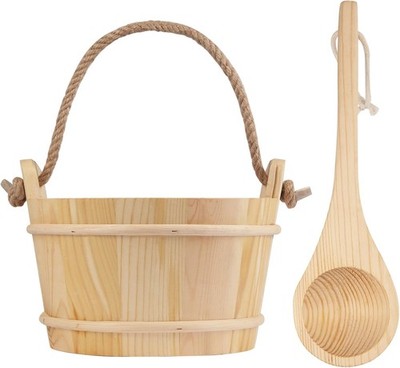 Wooden Sauna Bucket & Ladle Set Handmade from Natural Pine W/ Rope Handle 4L
