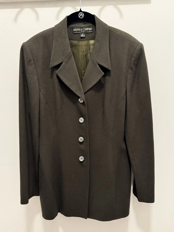 Blazer feminino 100% lã jaqueta Kasper ASL tamanho 8 verde oliva roupa de trabalho carreira - Imagem 3 de 4