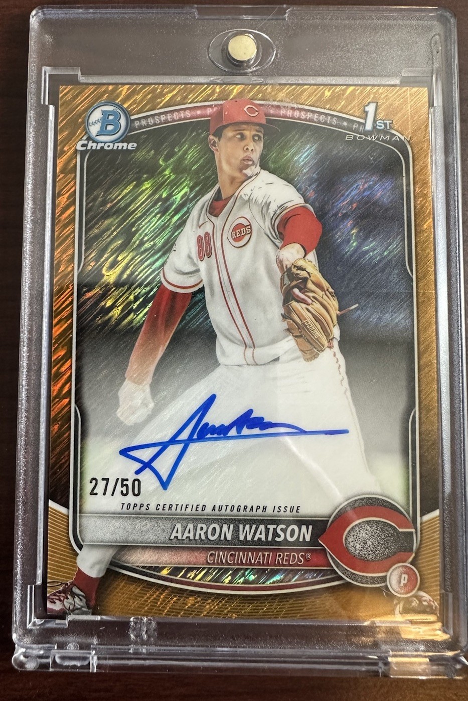 Aaron Watson 2025 Bowman Chrome Draft Gold Shimmer Refractor Auto 1st RC /50