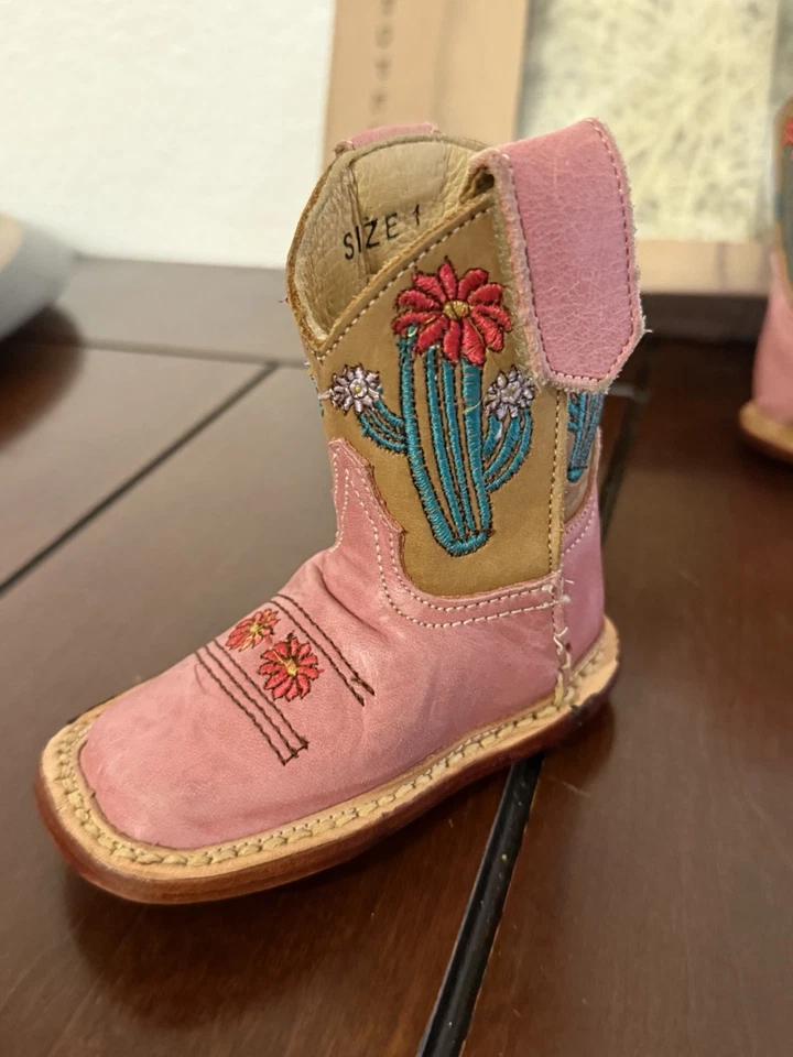 Botas de Cuero Roper Cowbabies Talla 1 Rodeo Western Rosa Cactus Bebé Foto 3 de 4