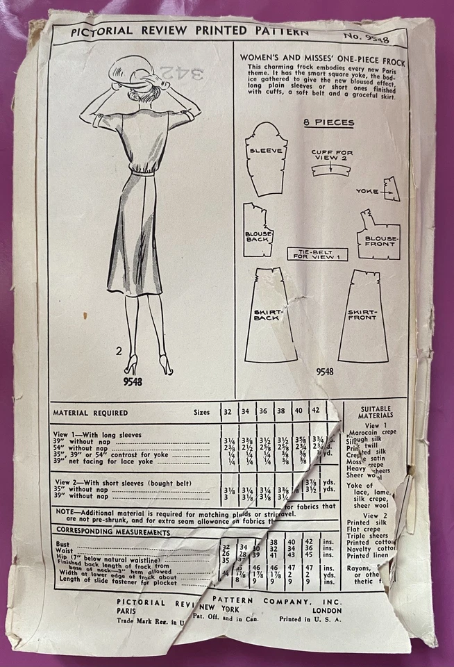 Rare 1930’s Vintage Pictorial Review Sewing Pattern 9548 midi dress 34” bust - Image 2 of 2