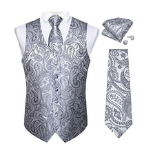 Mens Vest and Tie Set Formal Paisley Waistcoat and Necktie X-Large B Silver