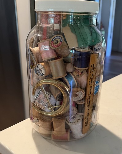 Mystery Jar Of Collection Of Vintage Threads And Sewng Utensils 10” Jar