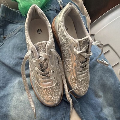 Silver Glitter Lace Up Girls Sneakers Low Top Casual Shoes Size 36