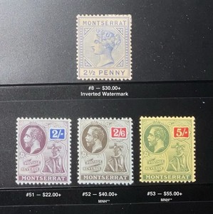 Montserrat Stamps #8 w/Inverted Watermark, #51-53 MNH/MH CV$150.00+