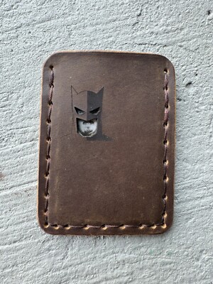 Vertical Handmade leather wallet card holder with face mask featuring Batman