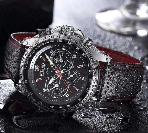 Sortie élégante montre homme vintage bracelet cuir 'Patch' Noir Homme