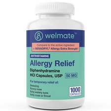 WELMATE Allergy Relief Diphenhydramine HCL 50mg 1000 Ct Exp 5/28 (Benadryl)
