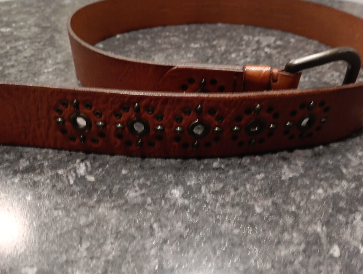 VTG Fossil Handcrafted Leather Belt, Sz M FOSSIL Black Leather Belt Sz M 1-5/16”Wide Stainless  main image 4