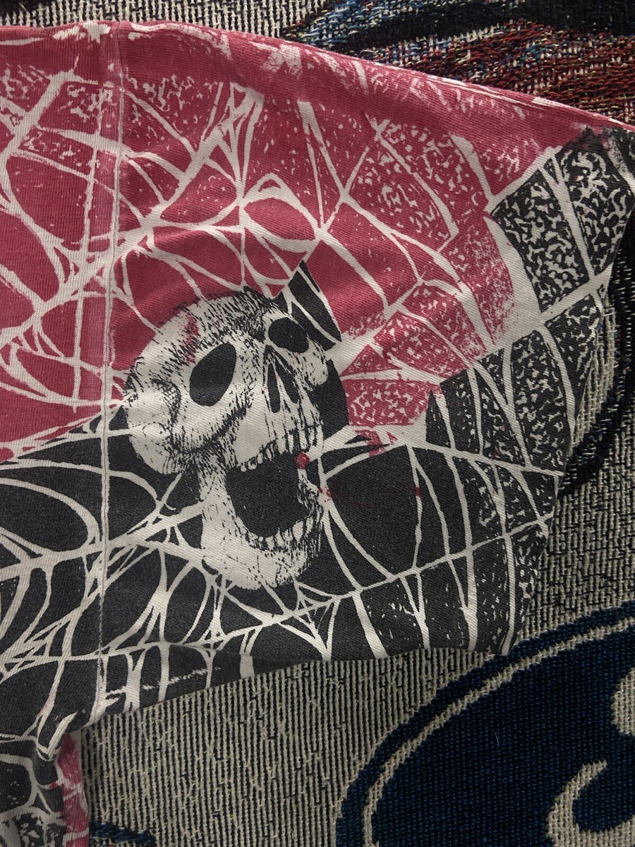 Vintage 90s Morbid Rags T-Shirt Skull Spider Webs AOP Men's Sz XL