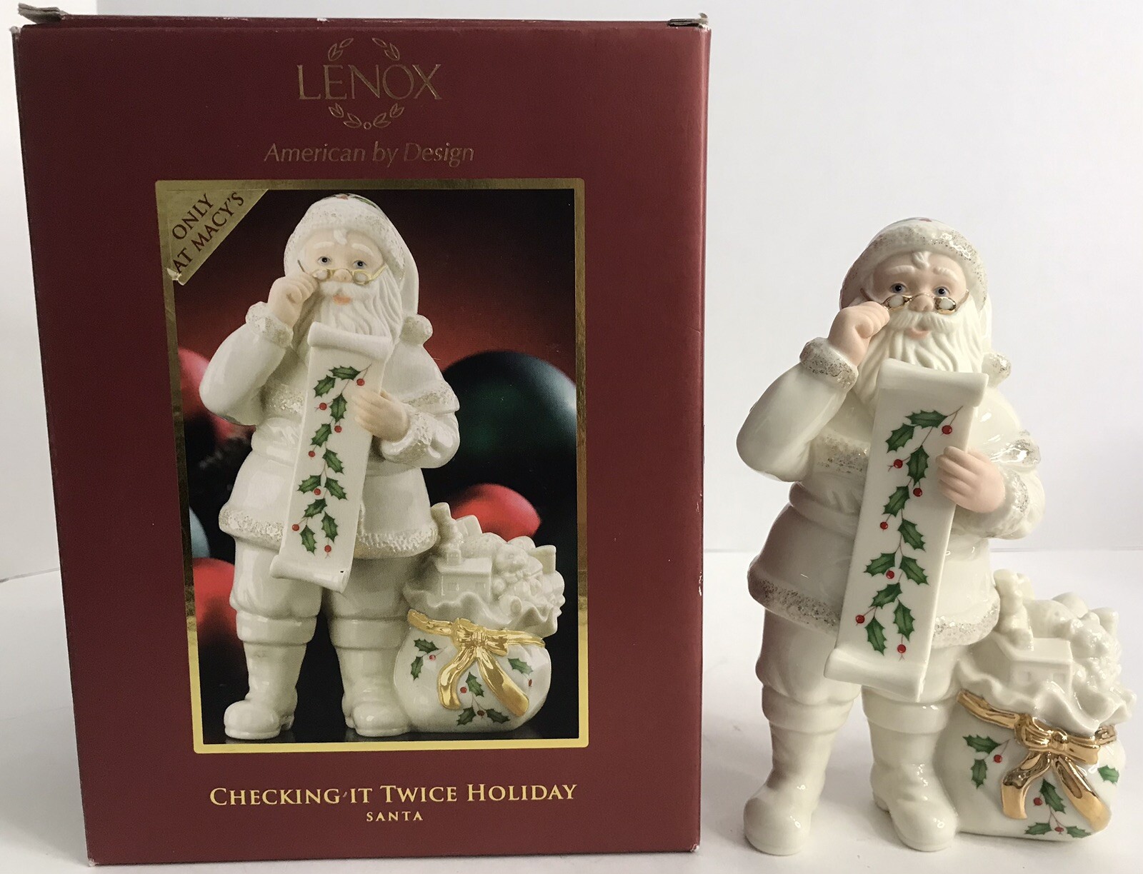 Lenox Christmas Checking It Twice 7” Porcelain Santa Holly Berries Figurine