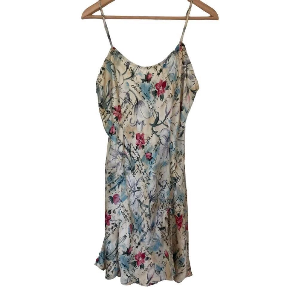 UNDERCOVER Abito slip vintage anni '80 Victoria's Secret beige seta scrittura floreale etichetta oro taglia M