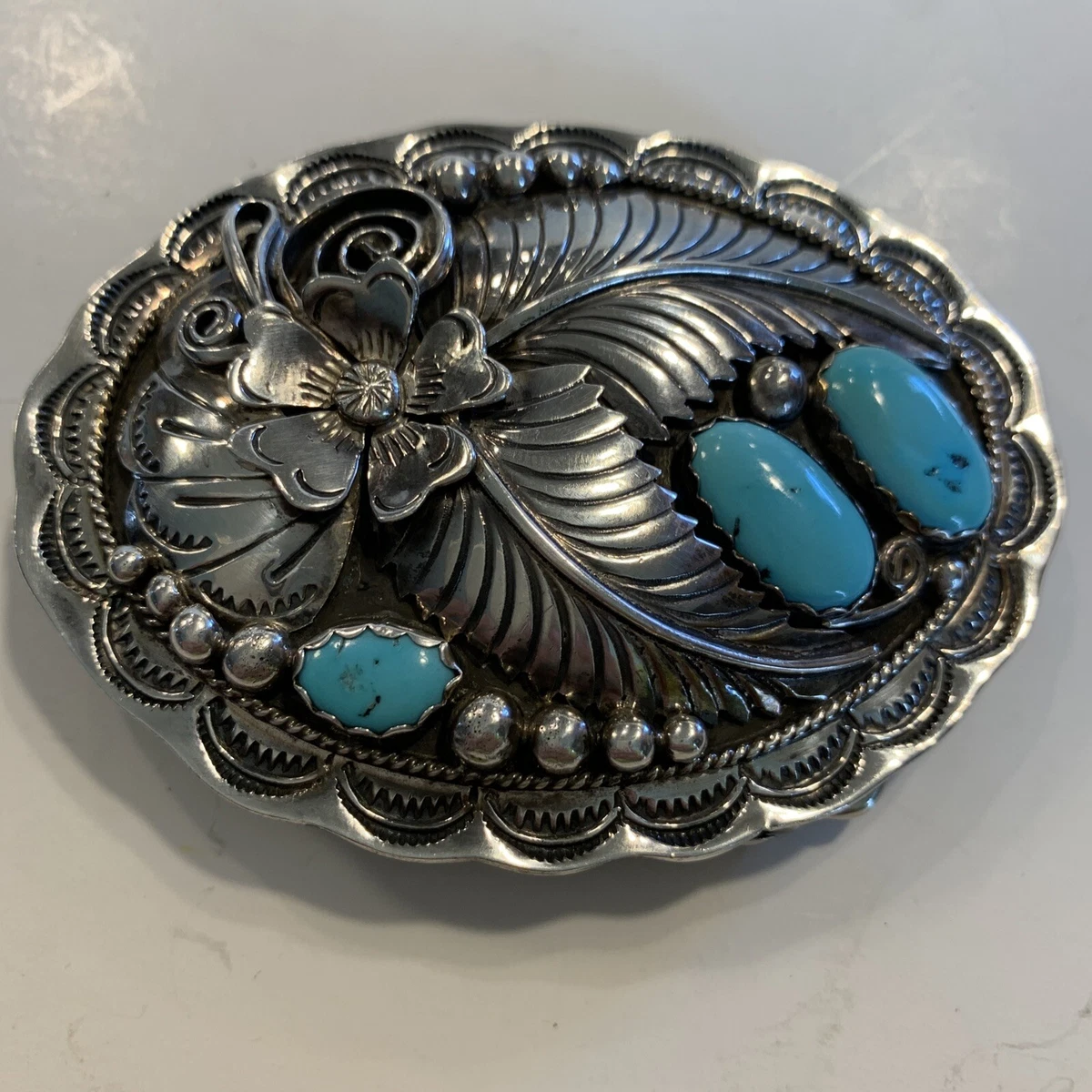 Sterling silver belt top buckle with turquoise