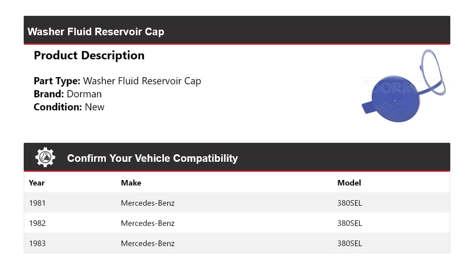 Tapa depósito líquido lavadora Dorman 1982 para Mercedes-Benz 380SEL 1981-1983 Foto 2 de 4