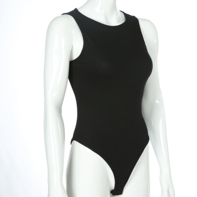 Damen Turnanzug Body Tank Top Tanga Schwarz Strick Cami Ärmelloses Overall Slim