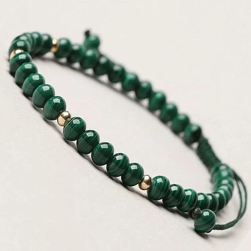 Natural Malachite 3mm Beads Green Gemstone Minimalist Adjustable Rope Bracelet - Picture 3 of 11