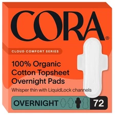 Cora 100 Organic Cotton Topsheet Pads | 72 Overnight Pads