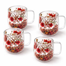 4pcs 200ml Double Walled Glass Mugs Floral Insulated Coffee Tea Cups