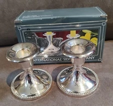 Pair Classic Silver Plated 3” Candlesticks International Co Beaded Candles New