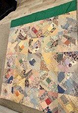1930s Feedsack Quilt 66x96 Hand-Pieced Patchwork Cotton w/ 1950s Green Border