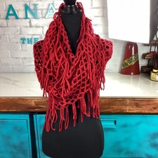 Vtg Crochet Knit Infinity Scarf Red Fringe Boho Festival Romantic 70s