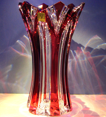 CAESAR CRYSTAL - Red Vase Hand Cut to Clear Overlay Czech Bohemian Sommerso