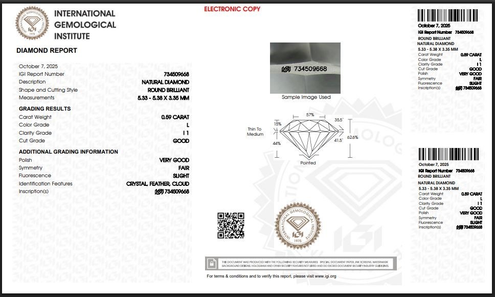 Certificado Igi 0.59 CT Natural L/I1 Grado Diamante Suelto Excelente Redondo 5 MM