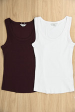 Ex Marks & Spencer Womens Twin Pack of Ribbed Vest Tops Claret & White Size 14