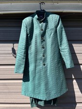 KISAH Men Sz 38 dark green 3 pc Jacquard Sherwani Kurta Churidar Set Indowestern