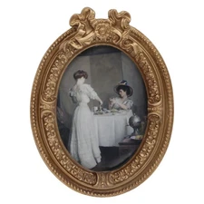 Vintage 3.5x4.5 Small Beige Oval Picture Frame – Mini Antique Gold Art Dec