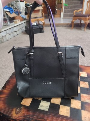 Guess Vegan Faux Leather Black Handbag Purse W/Metal Logo Fob, 11x13x5, NEW