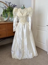 Vintage 1980s Satin  Lace Wedding Dress with Long Train and Bow Back