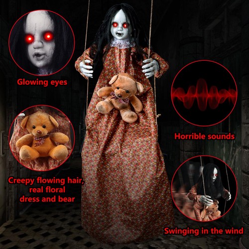 3.75 Ft Scary Halloween Decorations Outdoor, Halloween Hanging Swinging Girl ... - Picture 3 of 6