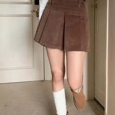 Brown Corduroy Pleated Mini Skirt