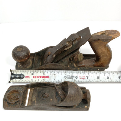 Lot Two Vintage Hand Planes 9'' and 7'' One Missing Handle Dirty Some Rust