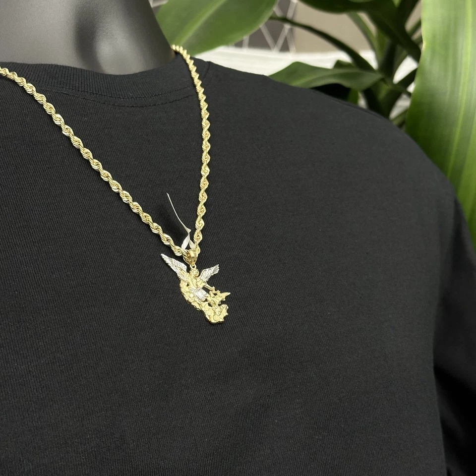 Diamond-Cut St. Michael Archangel and the Devil Pendant 10K Yellow White Gold - Image 2 of 4