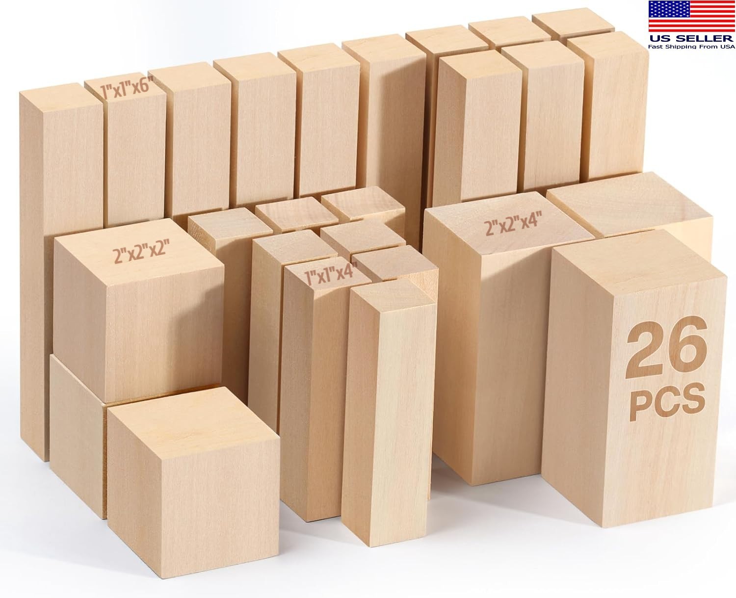 26Pcs Basswood Carving Blocks Kit &ndash; 4 Sizes Soft Wood for Whittling