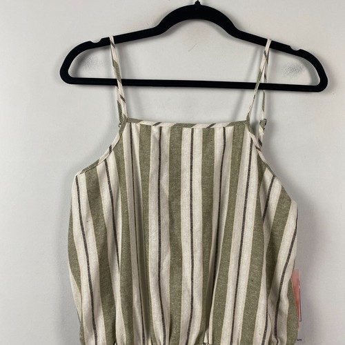CI SONO Serena Romper Size Medium Green Stripe Drawstring Waist Linen Blend - Picture 2 of 11