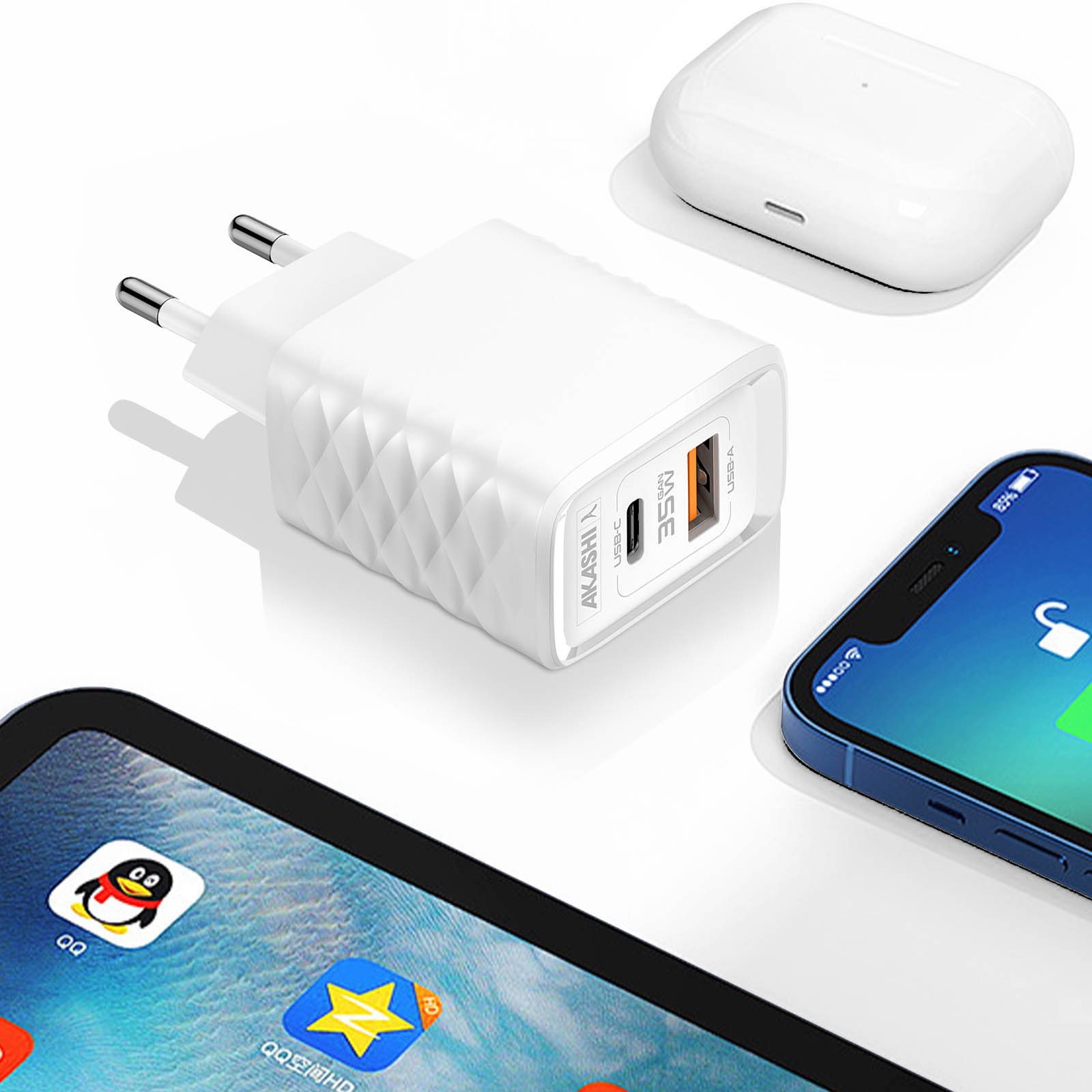 Chargeur Akashi 38W double port avec charge rapide USB-C PD