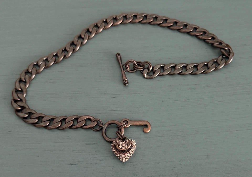 Vintage Juicy Couture Rose Pink Pave Crystal Heart Toggle Charm Necklace Y2K - Image 2 of 4