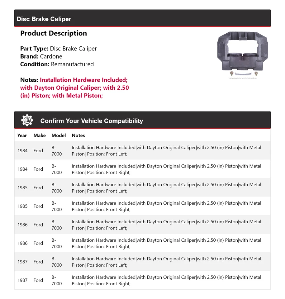 Pinza de freno de disco Cardone 1985 1986 para Ford B-7000 1984-1987 Foto 2 de 4