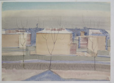 QUADRO VINTAGE ANNI SESSANTA FIRMATO VEDUTA CITTADINA IN INVERNO CON NEVE P27