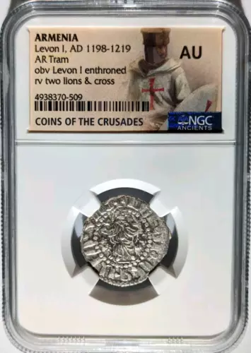 Levon I Armenia NGC AU Silver Tram Medieval Knights Templar Crusader Cross Lion