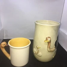 Ostrich Vase Baby Chick Hatch Egg 3D VTG Japan Art Quon Quon + Cup
