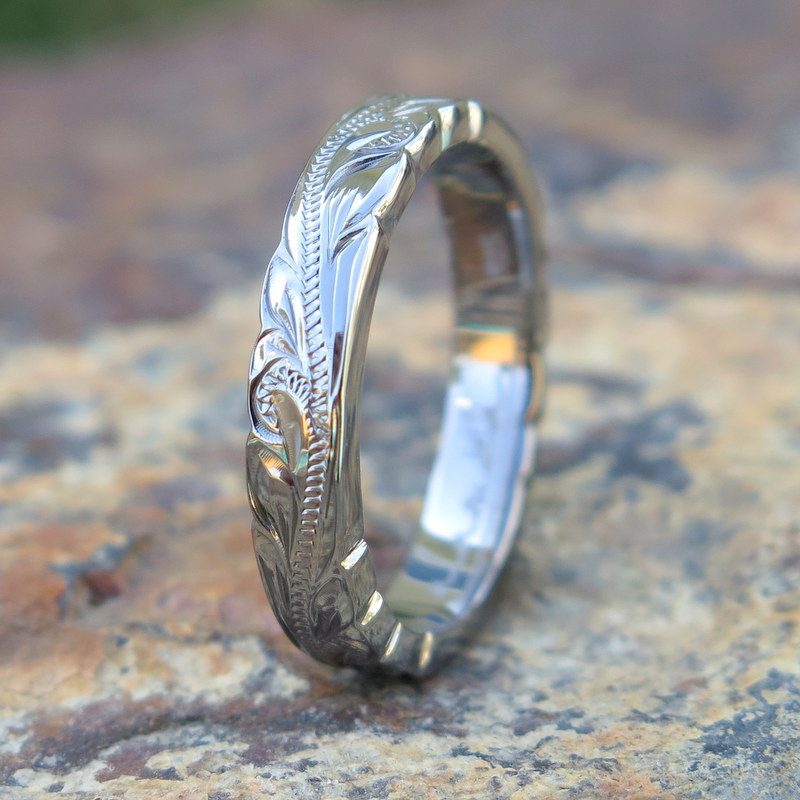 Hawaiian Jewelry 925K Silver Black Scrolling Wedding Ring Band 4mm