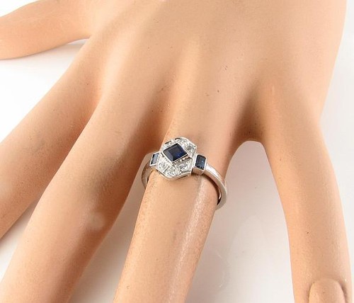 9K 9CT WHITE GOLD BLUE SAPPHIRE & DIAMOND ART DECO INS CLUSTER RING FREE RESIZE - Picture 4 of 4