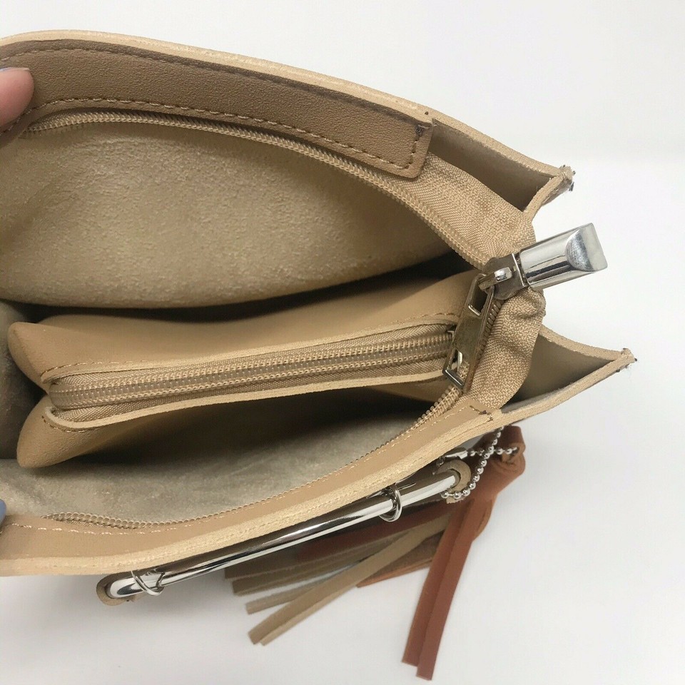 Boutique Mini Bucket Ring Handle Bag Tan Brown Fringe Tassel Boho Vegan