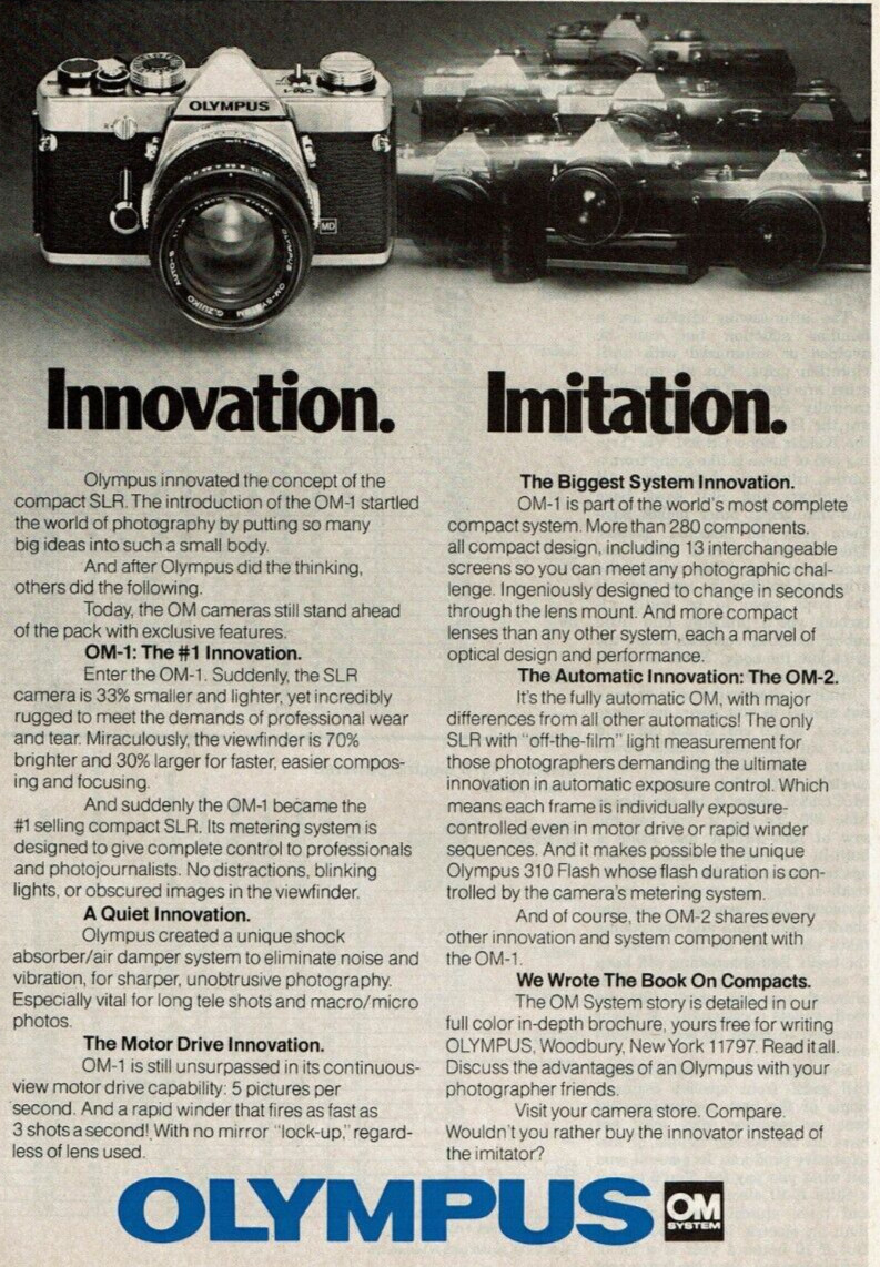 1978 Vintage Print Ad Olympus Innovation Imitation OM System OM-1 SLR Camera OM2