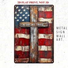 TIN SIGN American Flag with Cross Patriotic Sign Rustic Distressed Metal Decor